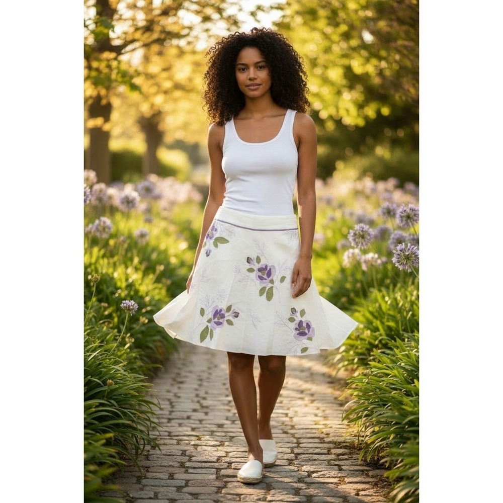 Karen Kane 100% linen Lifestyle Skirt Womens‎ Size 8 Ivory A-Line Knee Floral